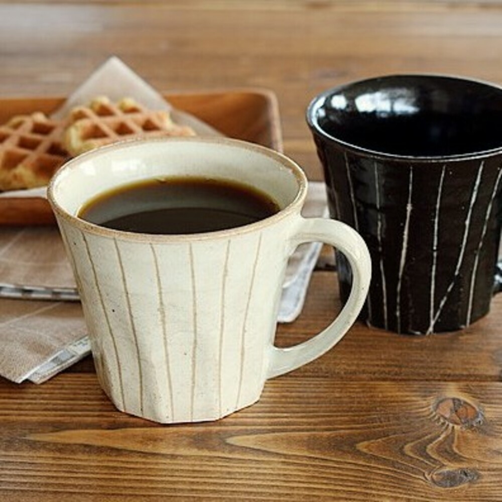 SF-013945-日本製美濃燒條紋咖啡杯 陶瓷 米白/黑色 馬克杯 水杯 茶杯 咖啡杯 下午茶 陶器 日式陶瓷杯