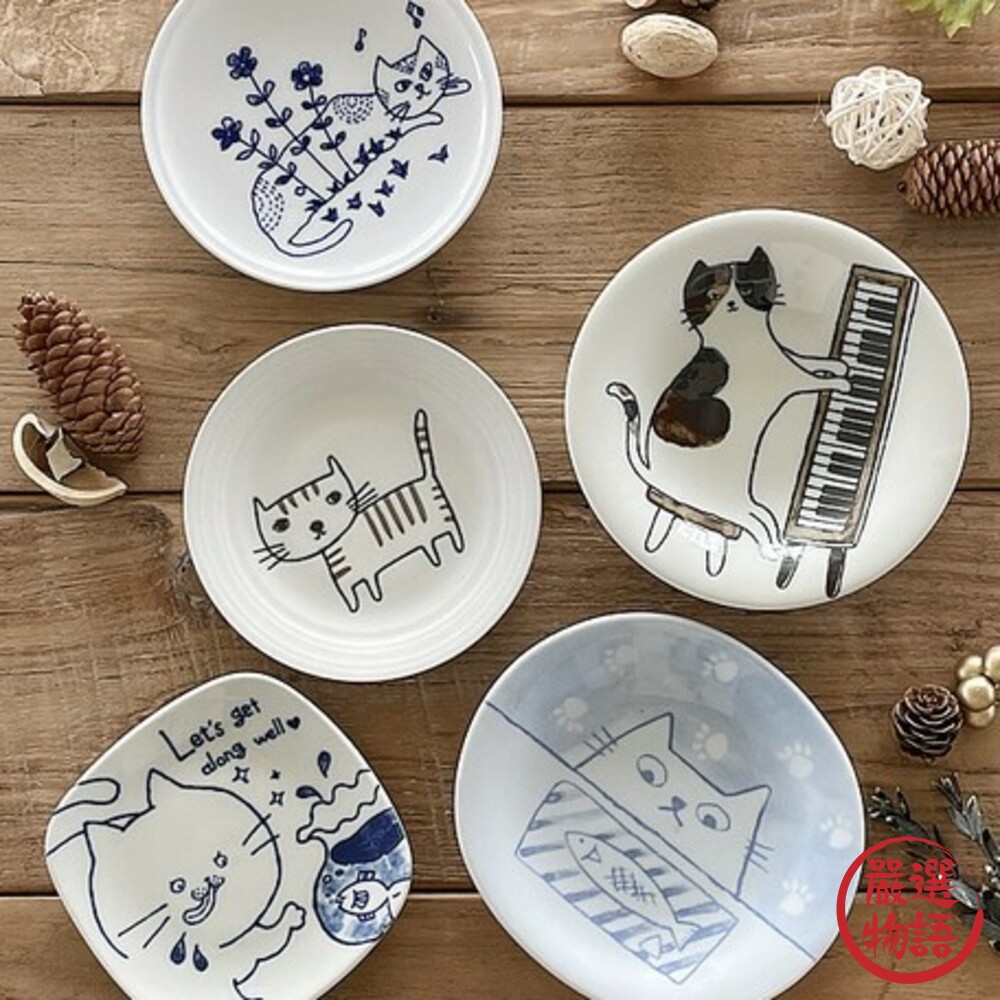日本製美濃燒甜點盤 貓咪插畫盤 ins風 貓盤 餅乾盤 小菜盤 小碟子 沾醬盤 質感餐盤 廚房餐具-圖片-2