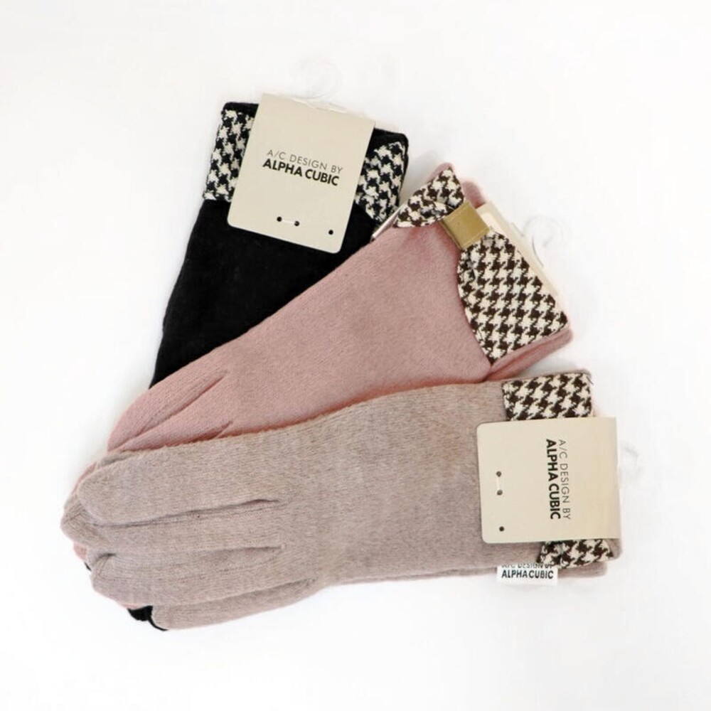 【現貨】2021秋冬 素色針織手套 日本設計款 千鳥格紋蝴蝶結 ALPHA CUBIC 保暖手套