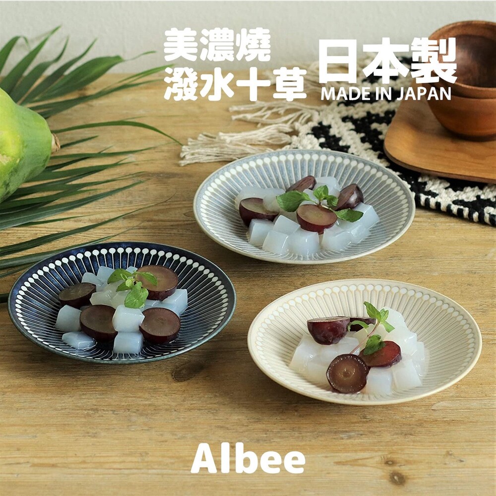 SF-014759-日本製 美濃燒 Albee 22cm 盤子 輕量 淺盤 潑水十草 沙拉盤 線條設計 料理 日式 簡約