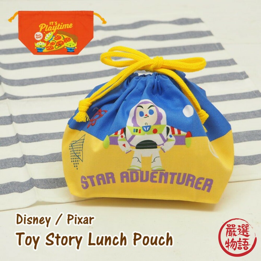 日本製迪士尼便當袋 玩具總動員 三眼怪 巴斯光年 純棉 束口袋 手提袋 午餐袋 化妝包 收納袋-圖片-1