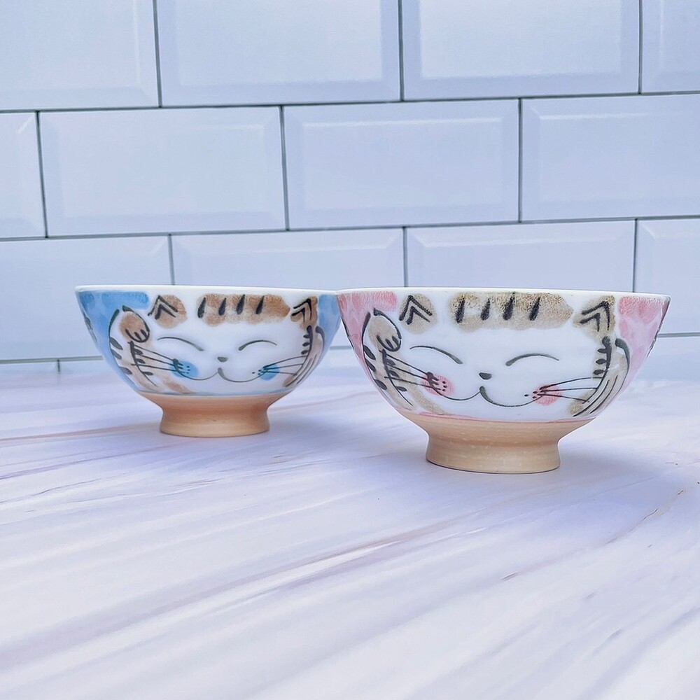 SF-014989-日本製 美濃燒 飯碗 笑臉貓 紅色/藍色 招福貓咪 11.5cm 陶瓷 餐具 貓 小湯碗 日式飯碗