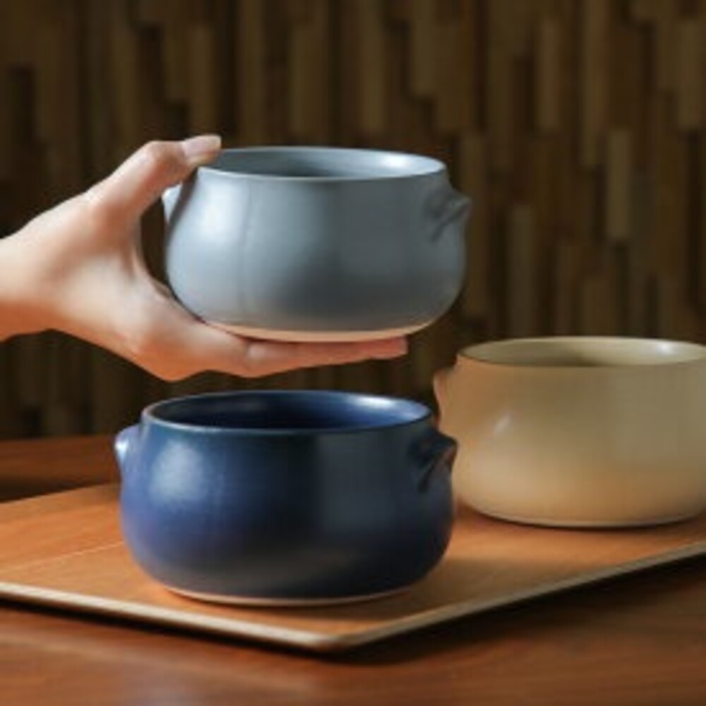 SF-014997-日本製 美濃燒 帶耳碗 13cm 耐熱陶器 焗烤碗 黃/灰/深藍 陶器 啞光 陶器 燉碗 餐具