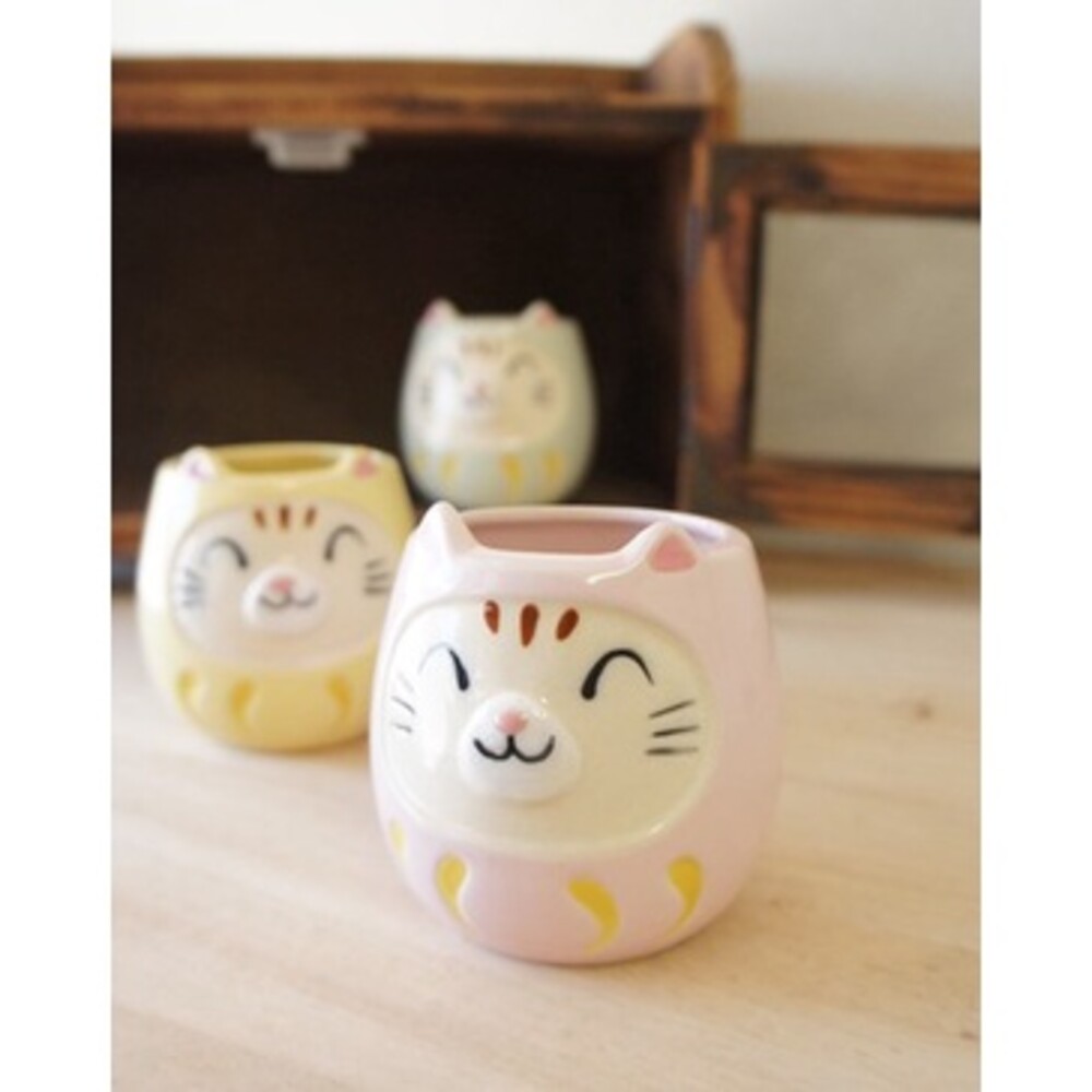 SF-015015-日本製 貓咪達摩馬克杯 粉紅色/黃色/綠色/紅色｜達摩 貓奴 陶器 陶瓷杯 咖啡杯 日本陶器