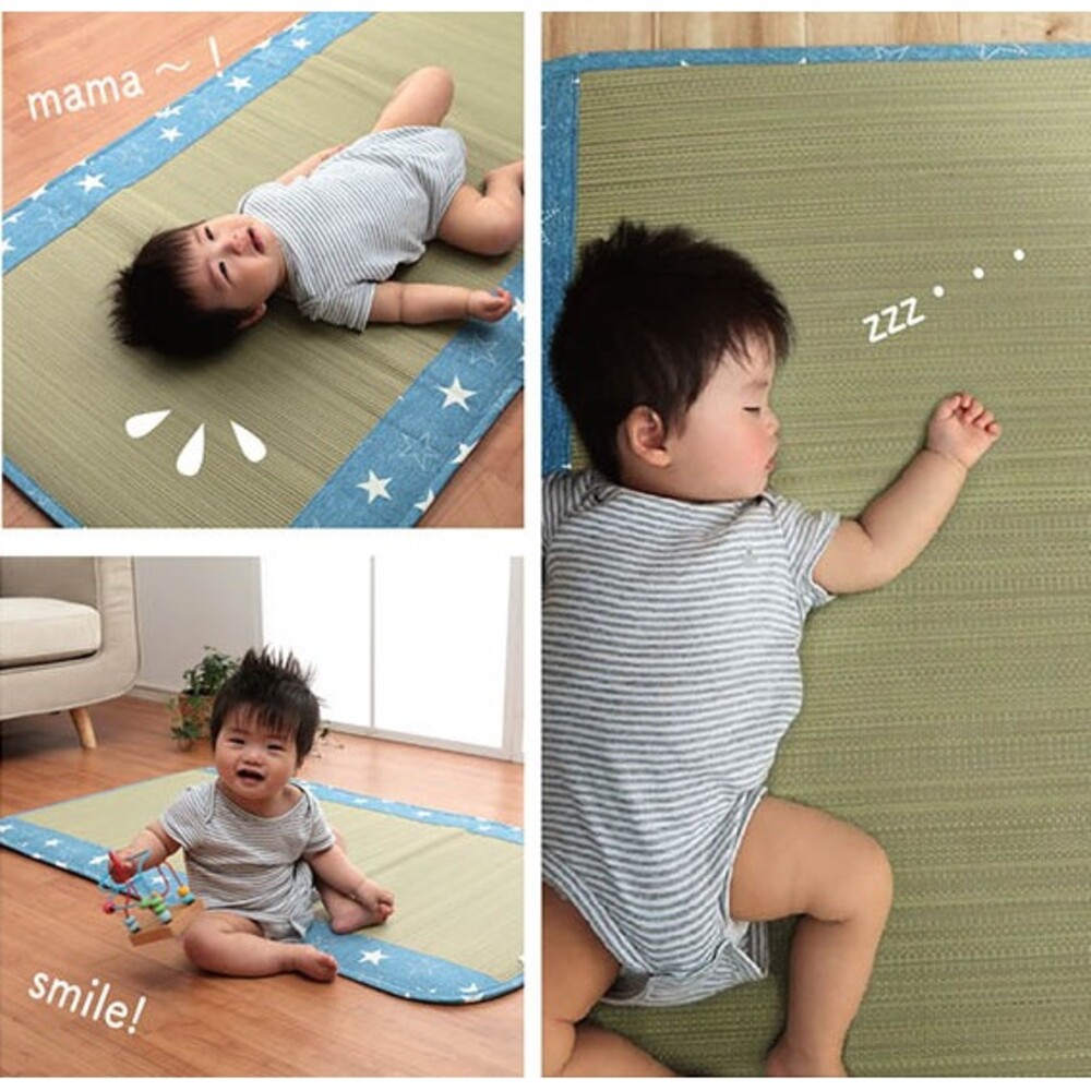 【現貨】日本製 兒童草蓆 70x120cm 午睡墊 午休 涼蓆 牛仔布星星系列 遊戲墊 嬰兒床墊 圖片