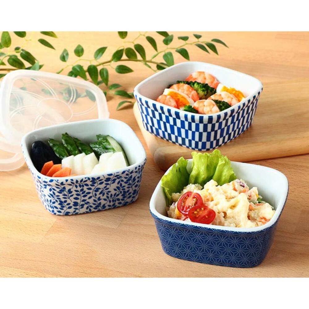  日本製 日式花紋 方形陶瓷保鮮碗 3入 附蓋子 微波 加熱 小菜 配菜 飯碗 食物保鮮 美濃燒